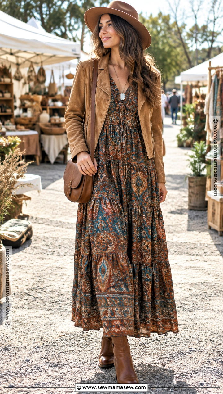 Boho Maxi Dress With Suede Jacket - 20 fall outfits women dresses