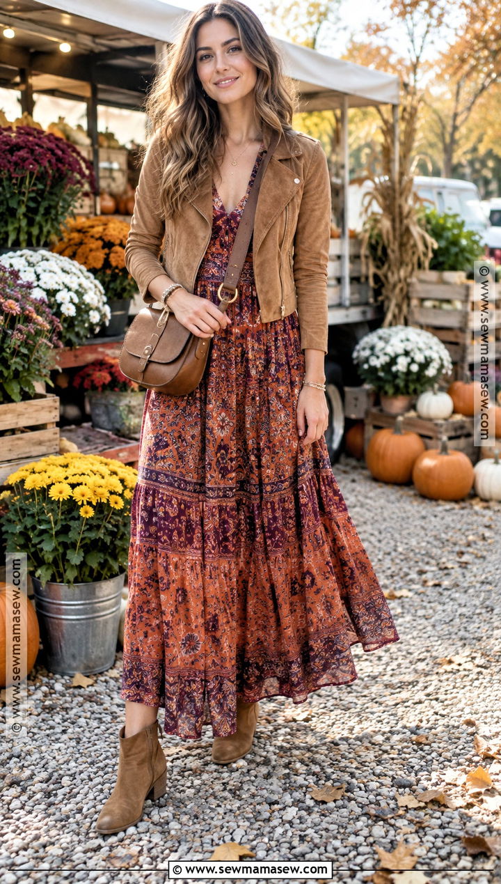 Boho Maxi Dress With Suede Jacket - 25 fall dress ideas