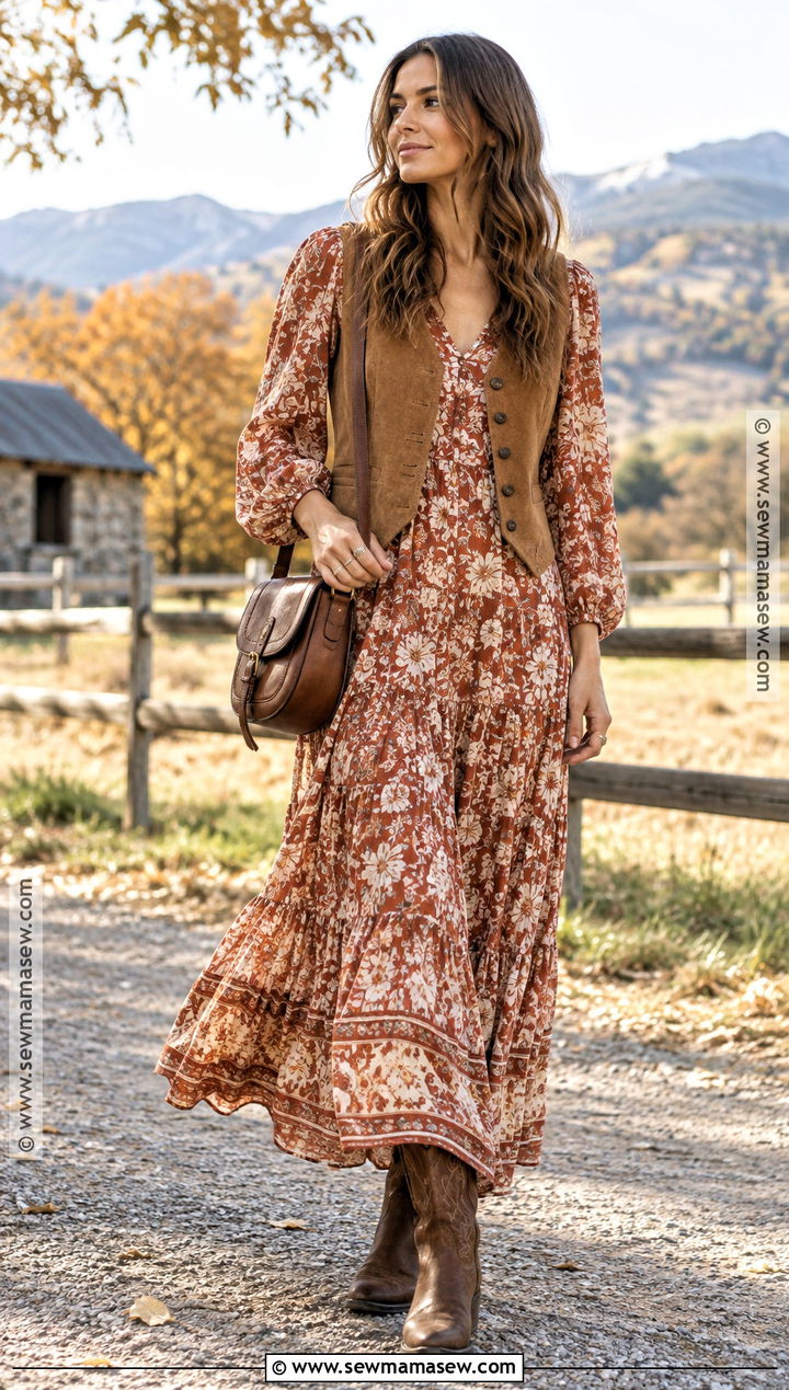 Boho Maxi Dress With Suede Vest and Western Boots - 20 layered dress outfit fall ideas