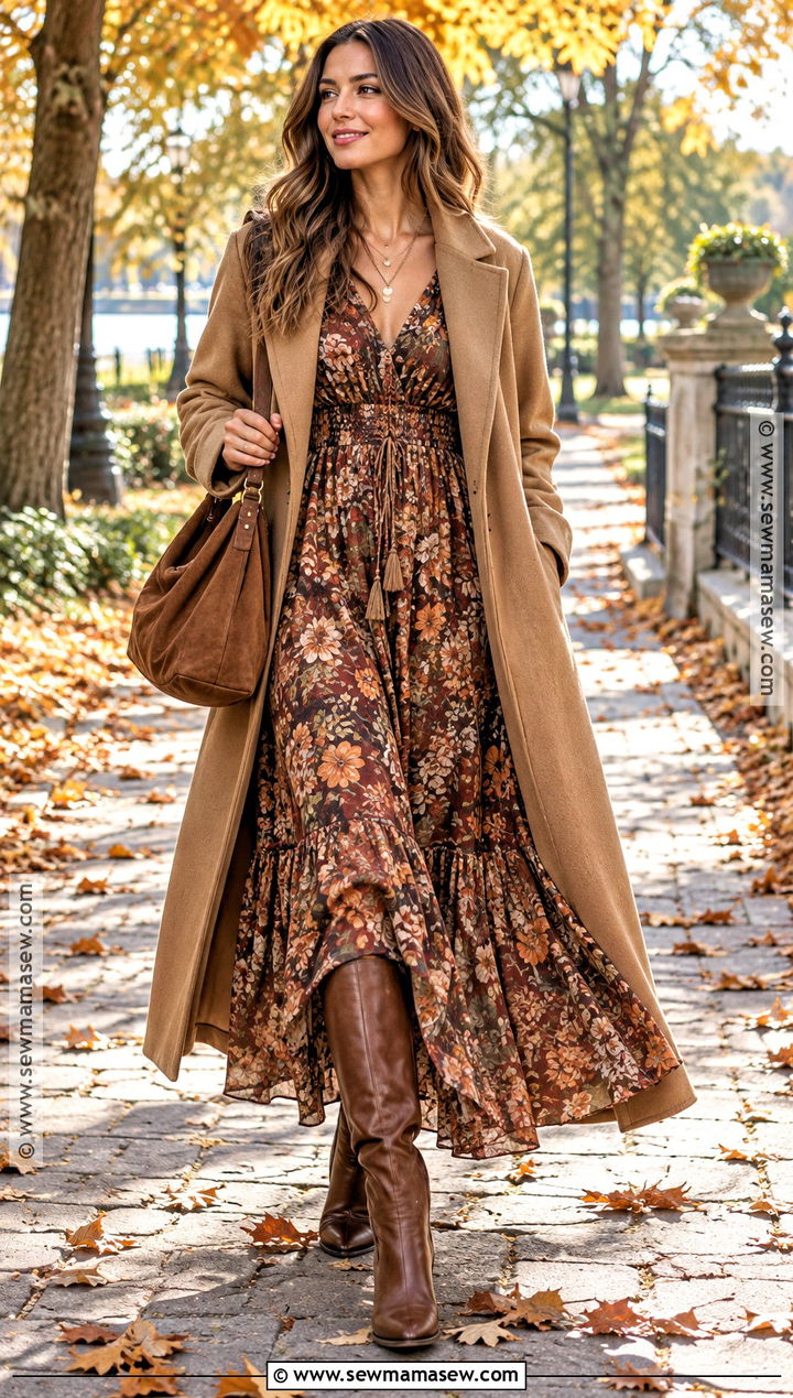 Boho Maxi Dress With Tall Boots - 15 Fall Fashion Looks 2026