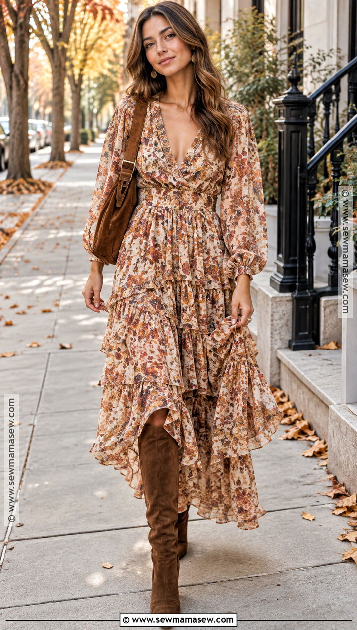 Boho Maxi Dress With Tall Boots - 15 fall 24 fashion trends