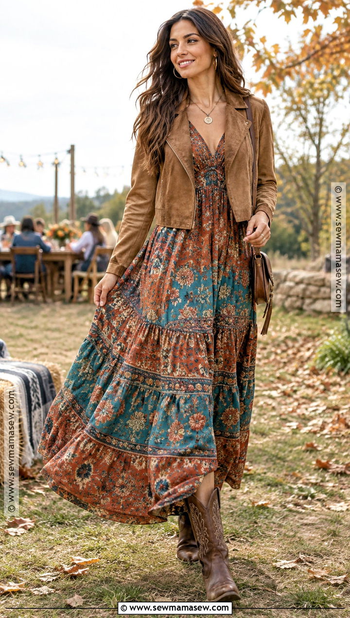 Boho Maxi Dress With Western Boots - 15 Fall Dresses With Boots 2026