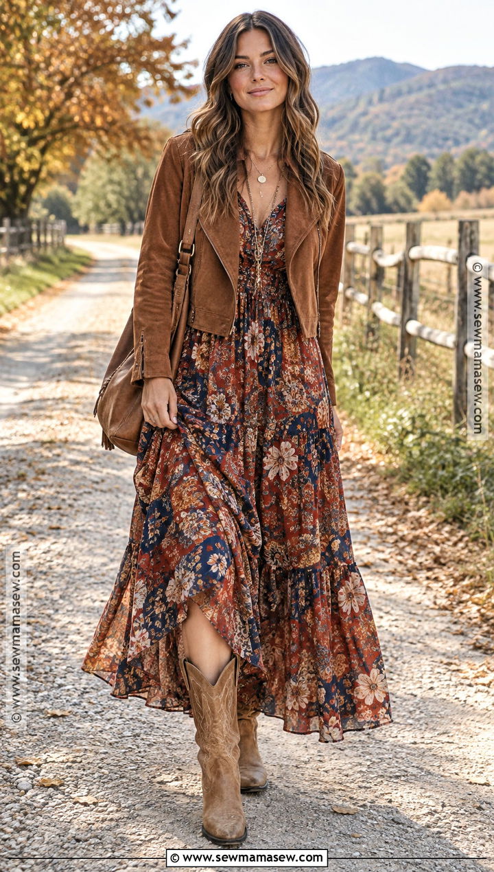 Boho Maxi Dress and Cowboy Boots Fall Outfit - 15 cute fall 2026 outfits