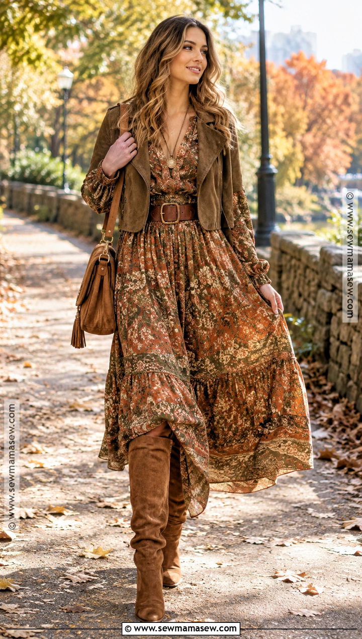 Boho Maxi Dress and Knee High Boots Autumn Outfit - 15 autumn women outfits 2026