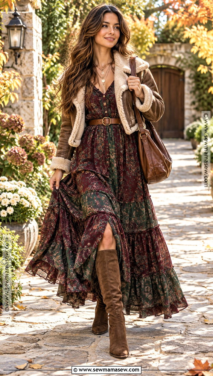 Boho Maxi Dress and Knee High Boots Outfit - 15 fall winter outfits 2026