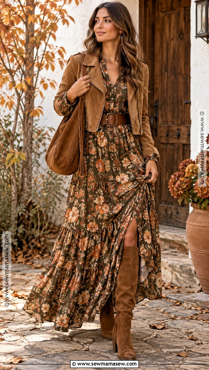 Boho Maxi Dress and Suede Boots Fall Outfit - 15 fall looks for women outfit ideas 2026