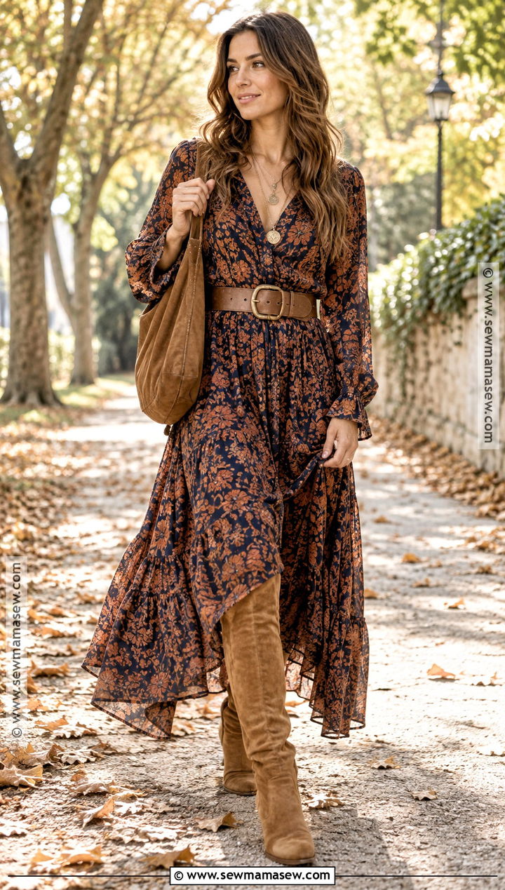 Boho Maxi Dress and Suede Boots Fall Outfit - 15 Fall 2026 Looks for Women