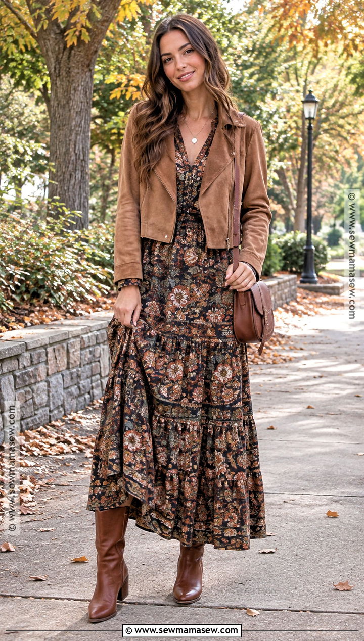 Boho Maxi Fall Dress Outfit With A Suede Jacket - 15 womens fall dress outfits