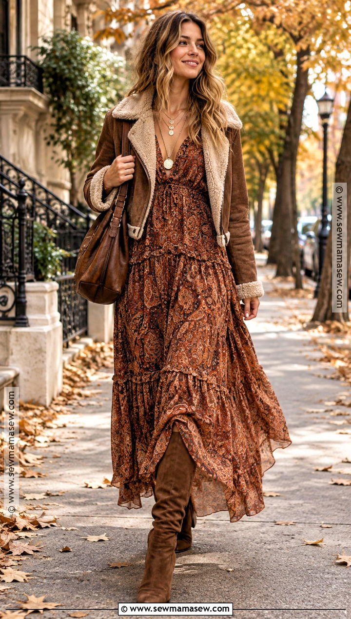 Boho Maxi Fall Dress With Suede Boots - 15 fall dress trends 2026