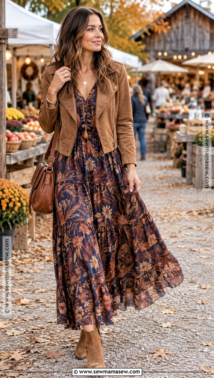 Boho Maxi Fall Dress With Suede Jacket - 15 fall outfits 2026 dress