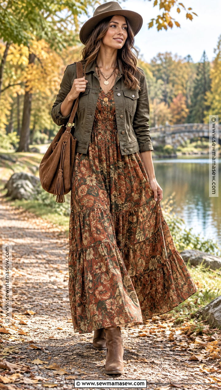 Boho Maxi Fall Dress With Utility Jacket - 20 fall dress outfit ideas