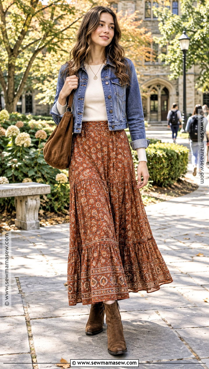 Boho Maxi Skirt And Fitted Knit College Outfit - 15 fall 2026 fashion trends college