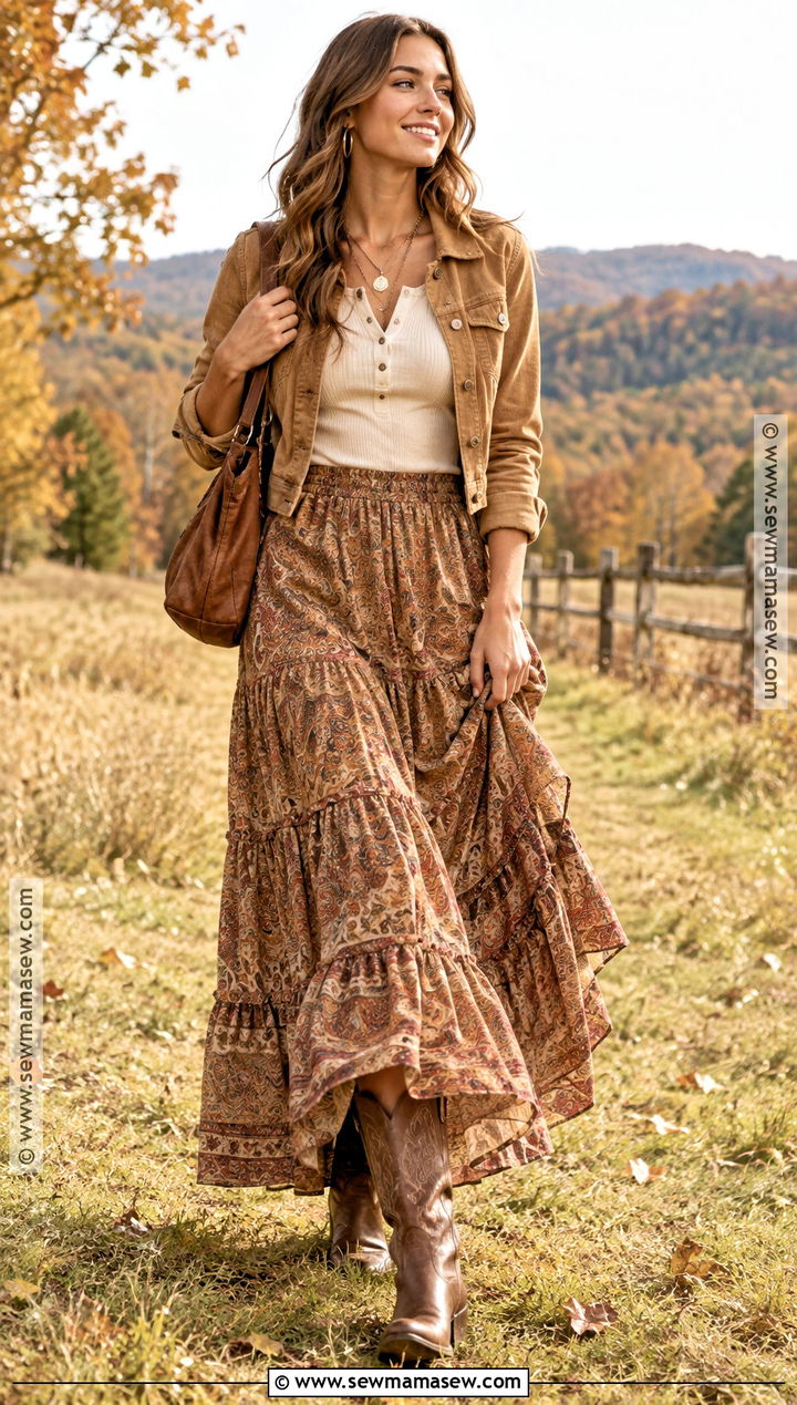 Boho Maxi Skirt With Brown Cowboy Boots - 15 cowboy boots outfit fall 2026