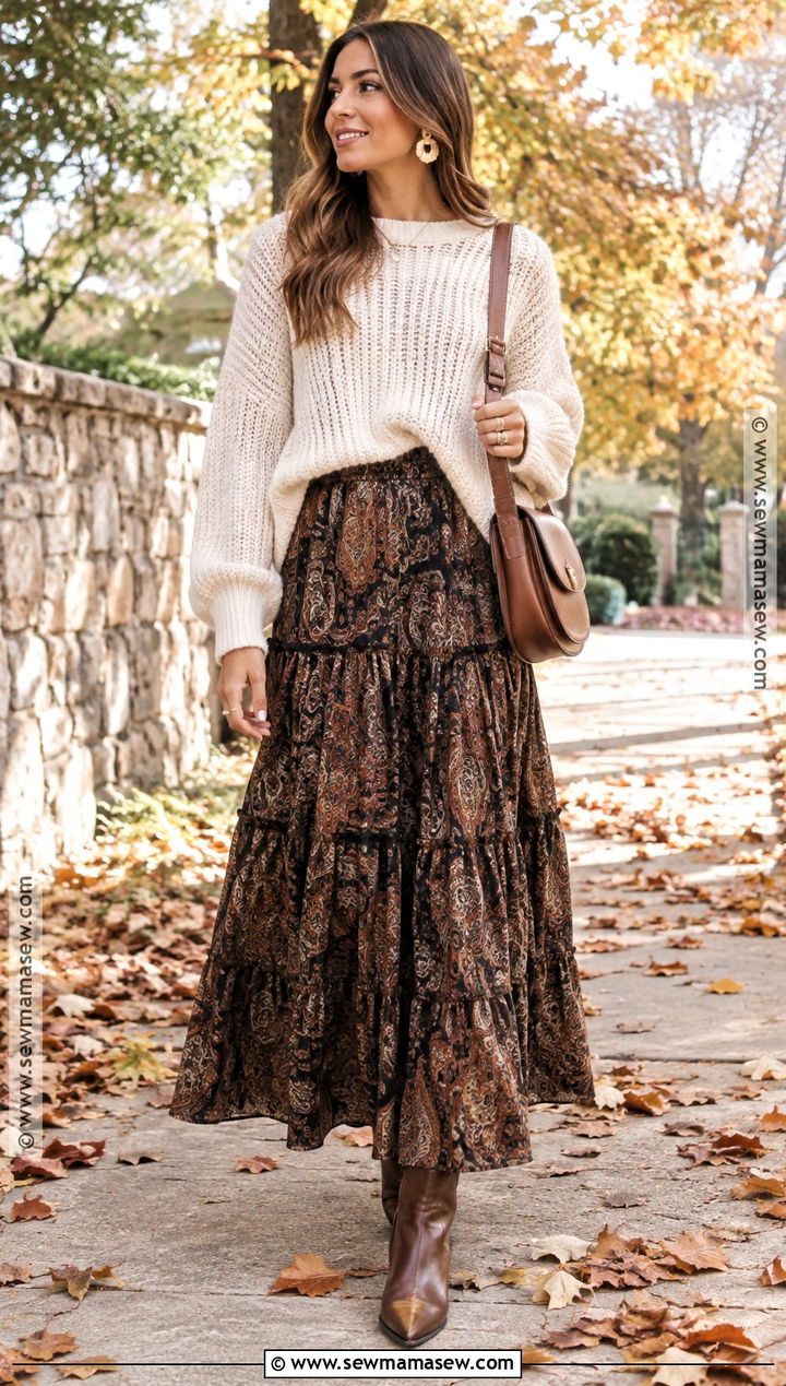 Boho Maxi Skirt With Chunky Knit Sweater - 15 Fall 2026 Boho Fashion Ideas