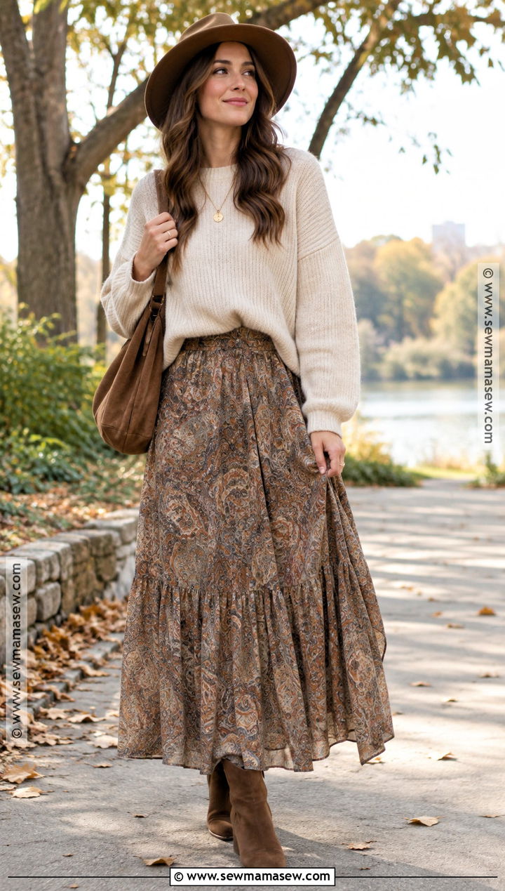 Boho Maxi Skirt With Chunky Sweater - 20 boho chic fall outfits