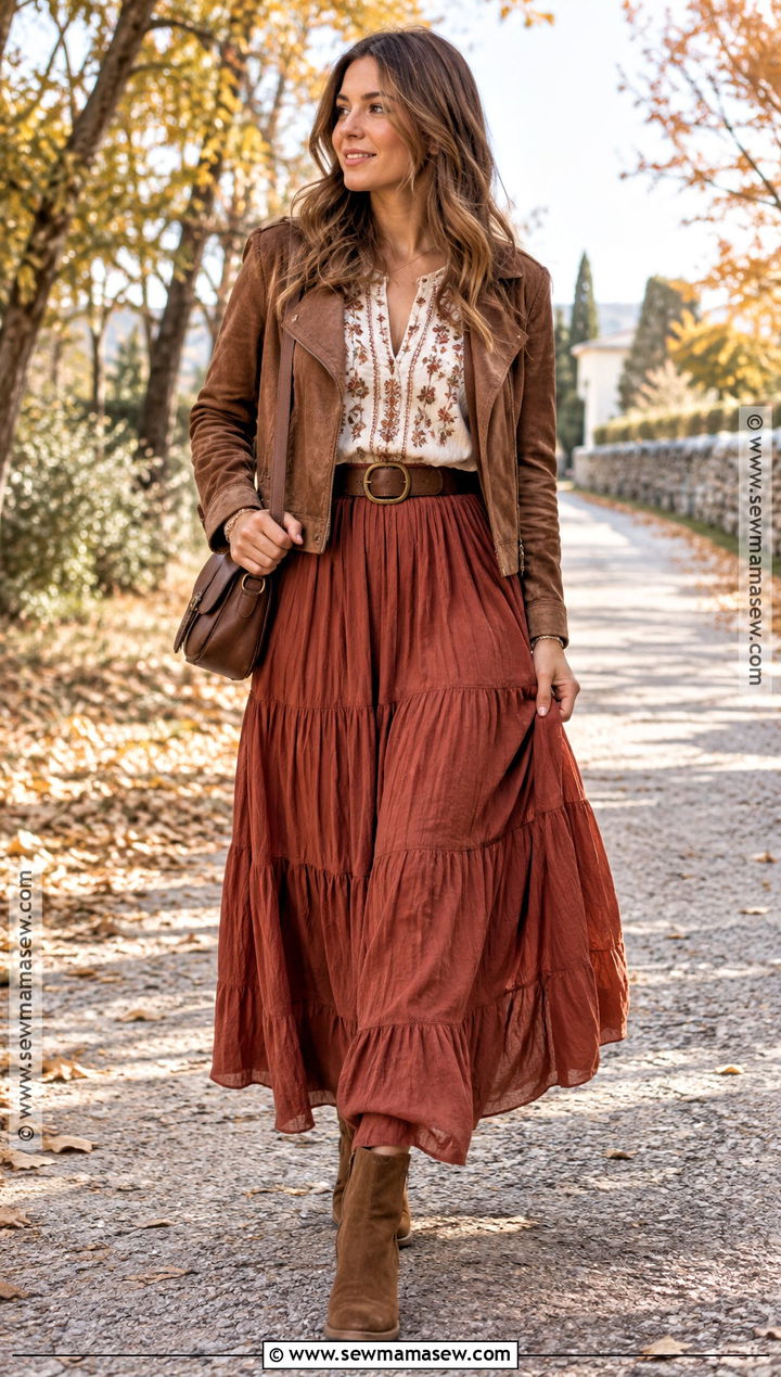 Boho Maxi Skirt With Embroidered Blouse And Suede Boots - 20 Autumn Maxi Skirt Outfit Ideas