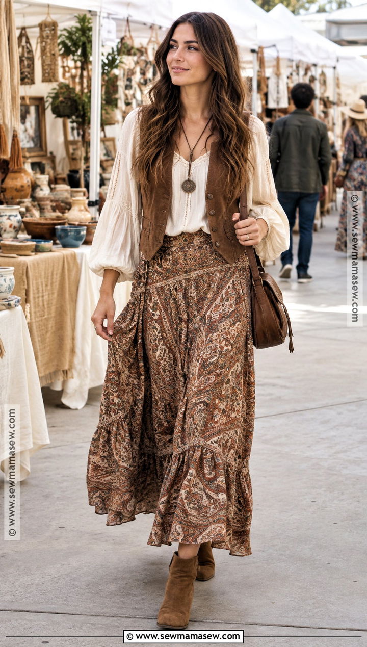 Boho Maxi Skirt With Peasant Blouse And Suede Boots - 25 fall maxi skirt outfits