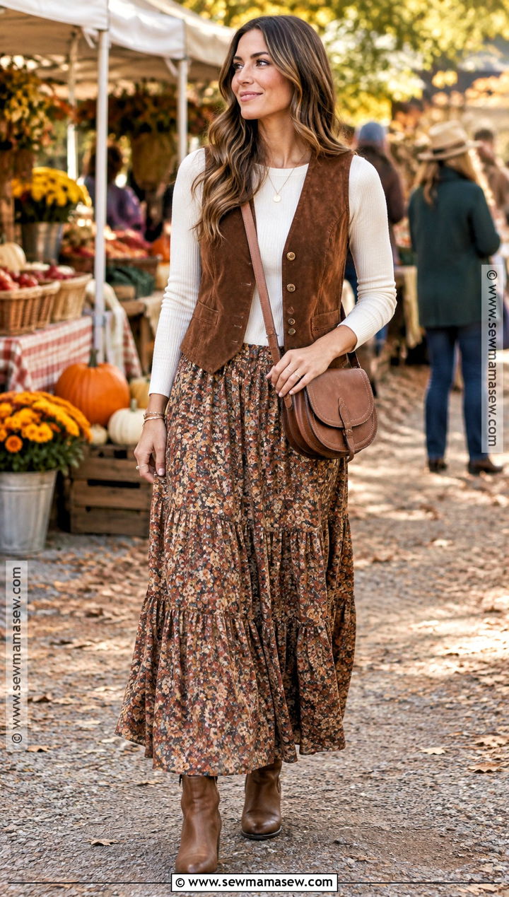 Boho Maxi Skirt With Vest And Western Boots - 20 maxi skirt outfit autumn ideas