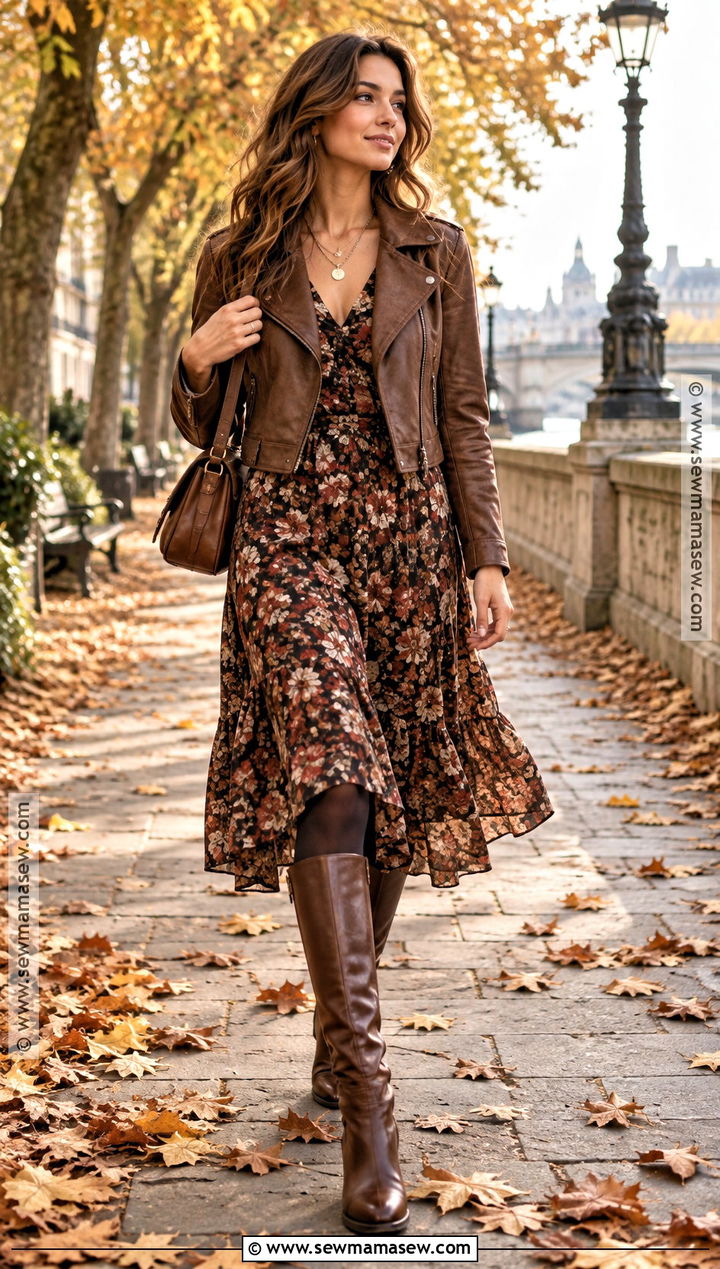 Boho Midi Dress Leather Jacket And Tall Boots Autumn Outfit - 15 autumn fashion 2026 uk ideas