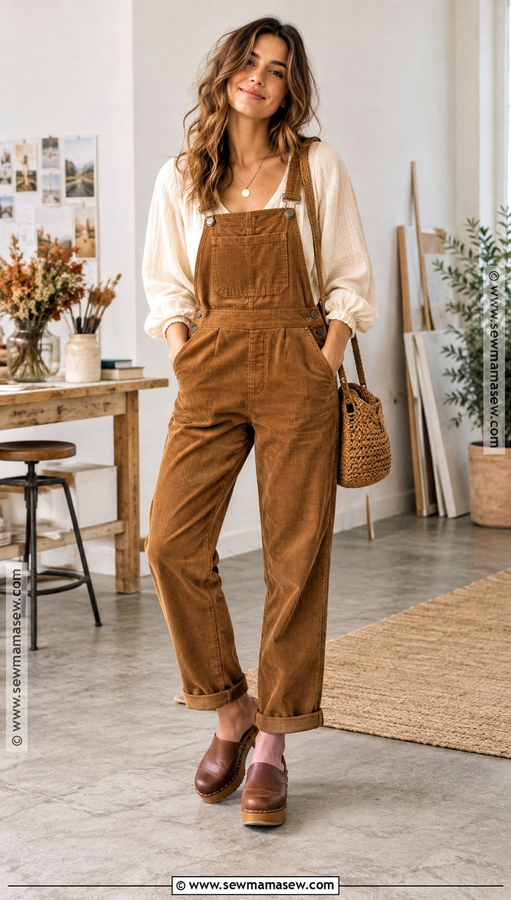 Boho Overalls With Puff Sleeve Blouse - 20 boho chic fall outfits