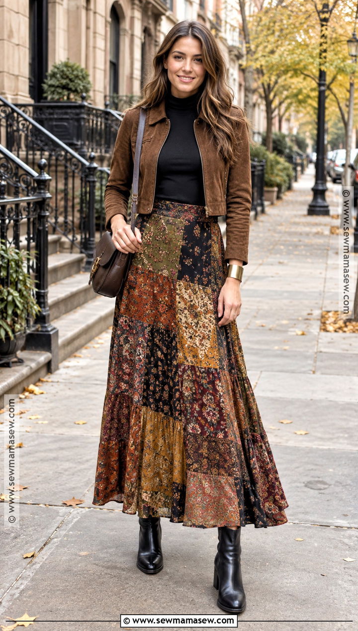 Boho Patchwork Maxi Skirt With A Turtleneck - 15 fall outfits 2026 boho