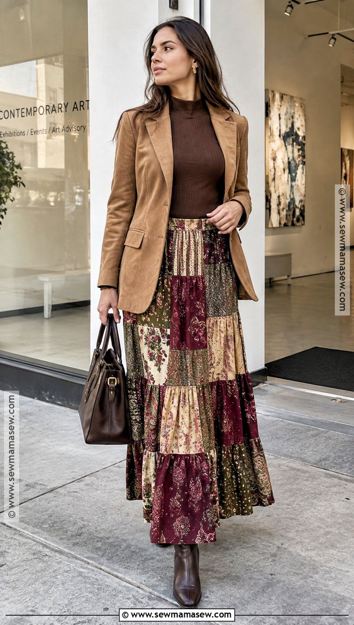 Boho Patchwork Skirt With Suede Blazer - 20 boho chic fall outfits