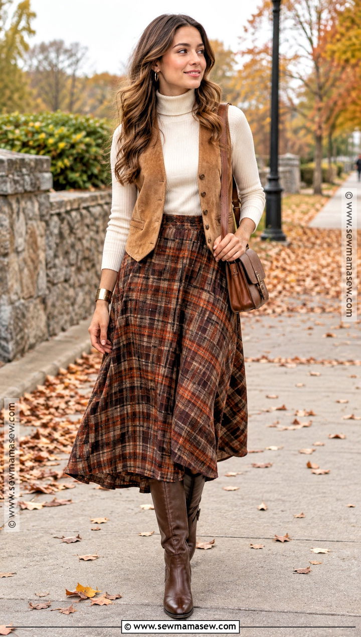 Boho Plaid Skirt With Turtleneck And Vest - 20 boho chic fall outfits