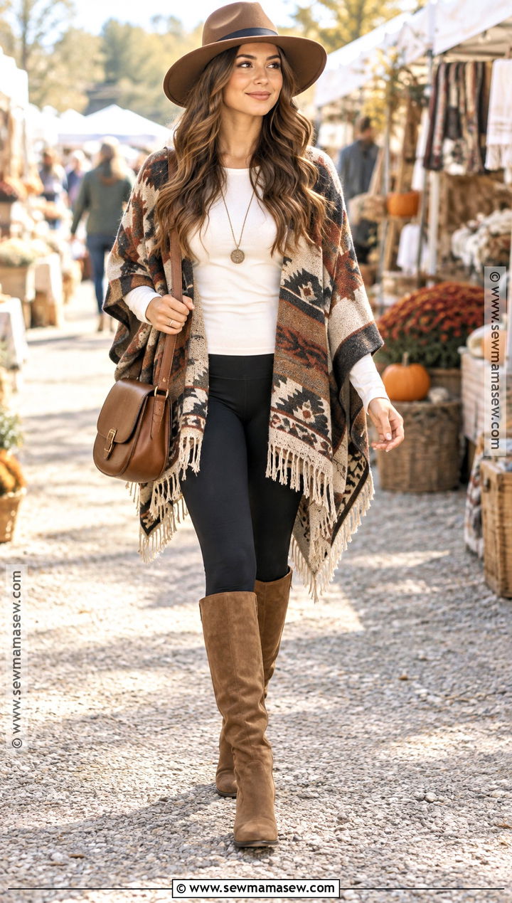 Boho Poncho And Leggings Fall Outfit - 25 fall boho outfits