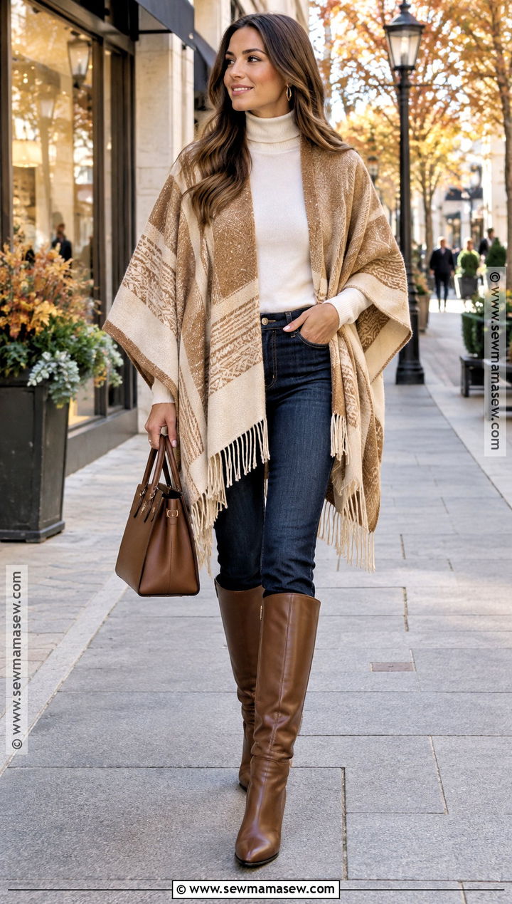 Boho Poncho With Skinny Jeans And Boots - 20 boho chic fall outfits