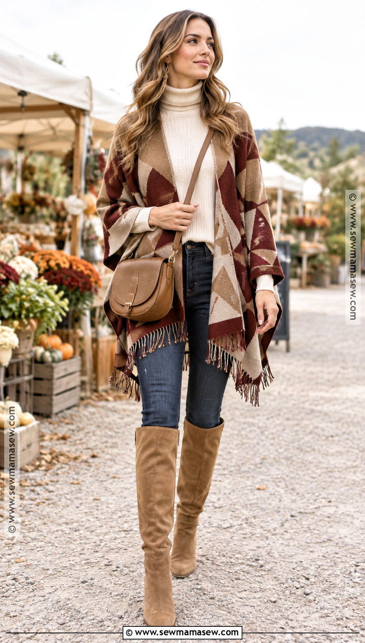 Boho Poncho With Skinny Jeans And Boots - 15 boho date night outfit fall ideas
