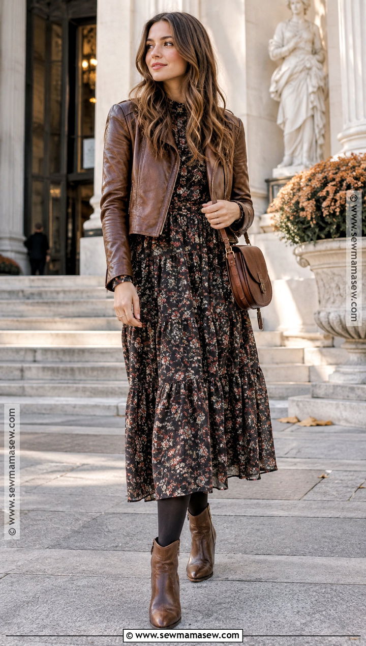 Boho Prairie Dress With A Leather Jacket - 15 fall outfits 2026 boho