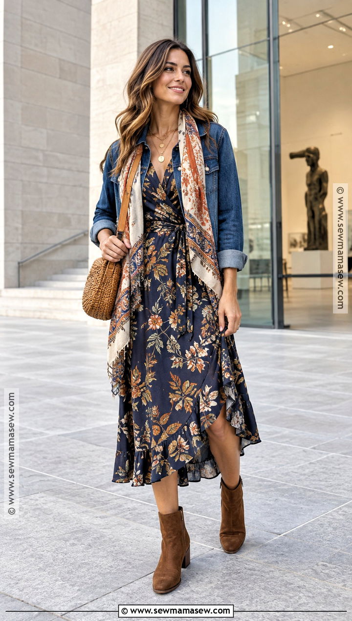 Boho Printed Midi Dress With Denim Jacket - 15 boho date night outfit fall ideas