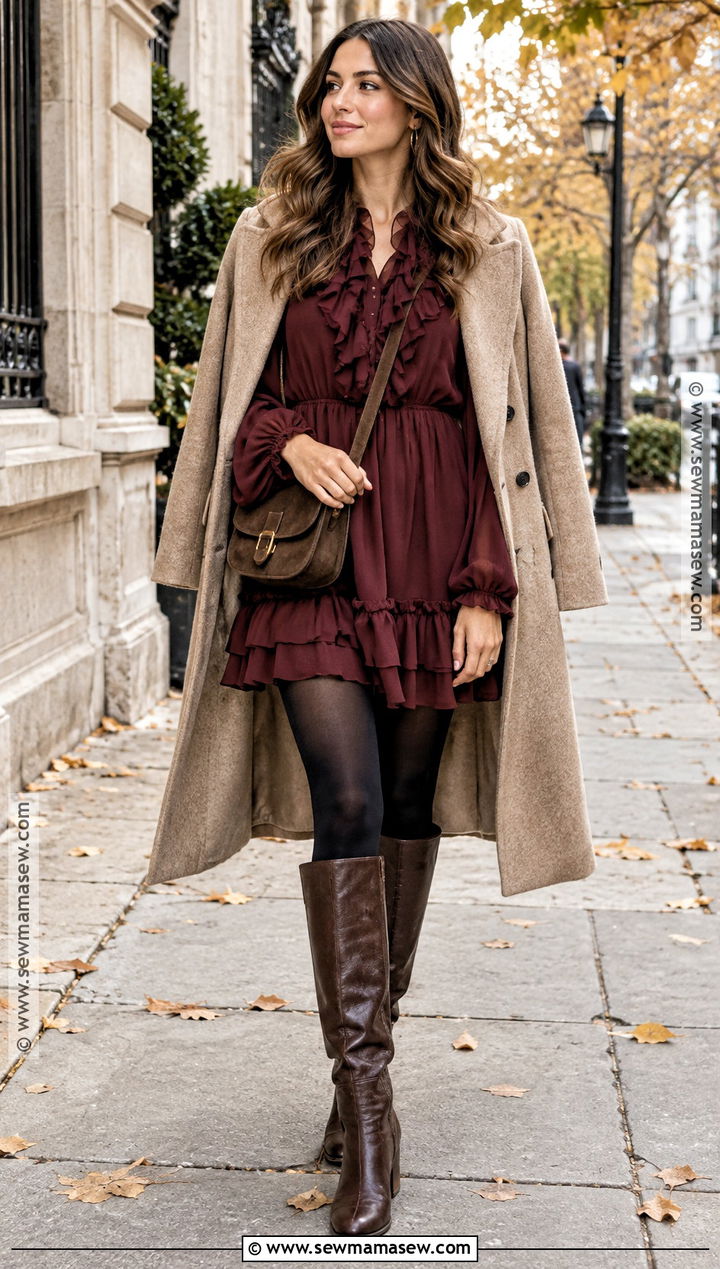 Boho Ruffled Mini Dress With Tall Boots - 15 fall outfits 2026 boho