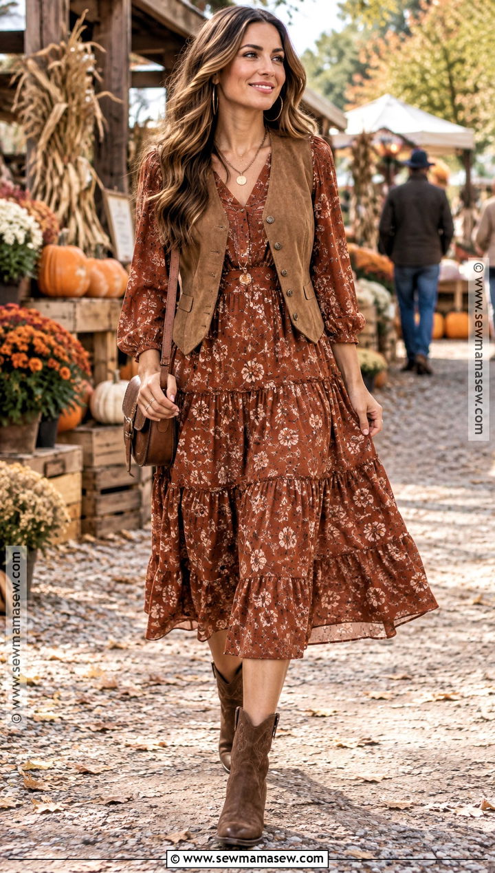 Boho Tiered Fall Dress Outfit With Western Boots and Vest - 20 cute fall dress outfits