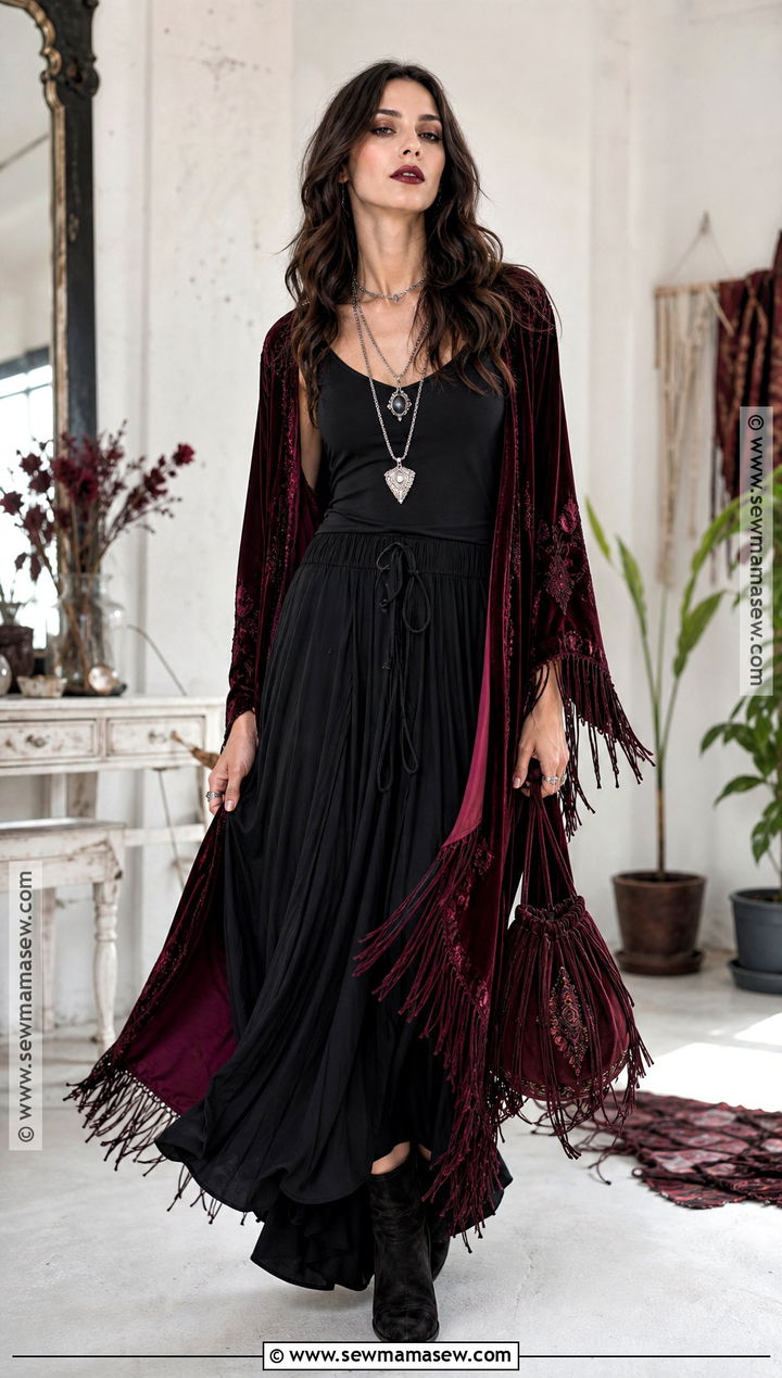 Boho Vampire Outfit With Velvet Kimono - 30 female vampire outfit ideas