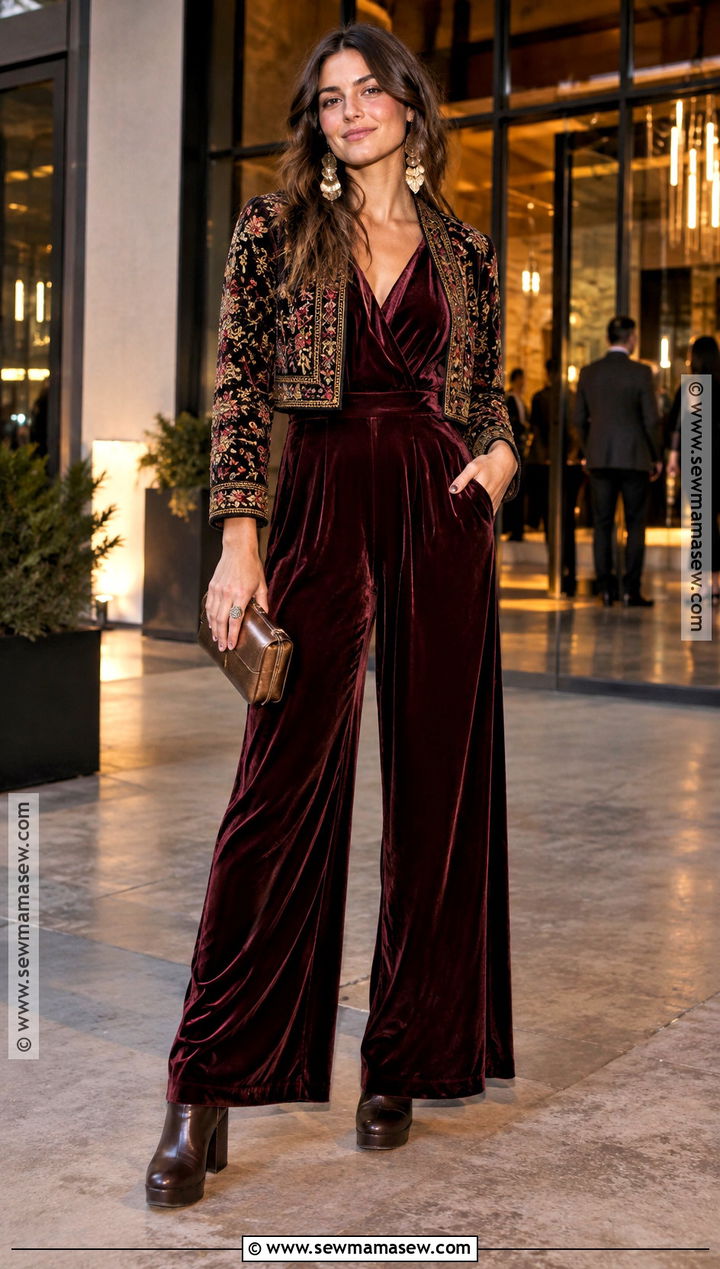 Boho Velvet Jumpsuit With Platform Boots - 15 boho date night outfit fall ideas