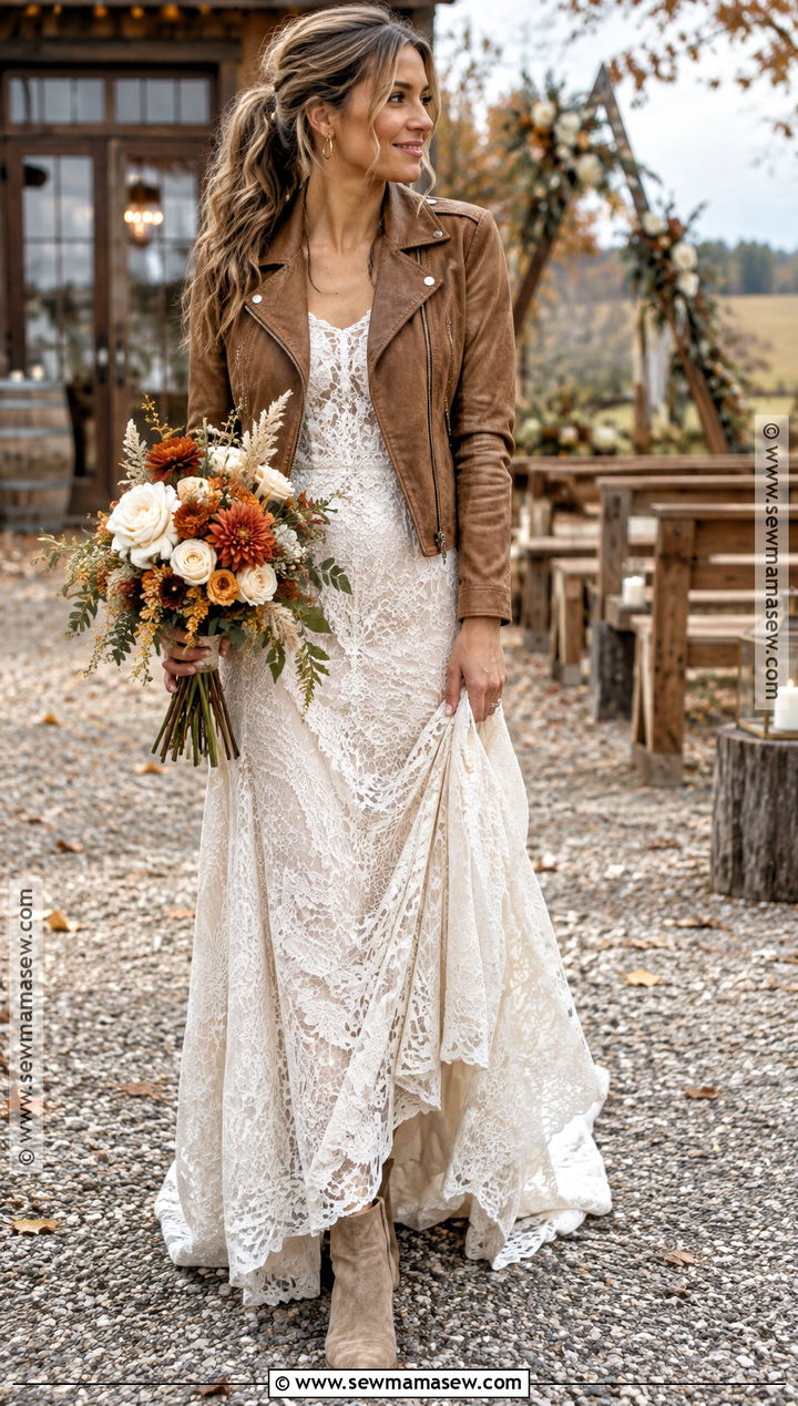 Boho Wedding Dress With A Leather Jacket - 15 fall boho wedding dress ideas