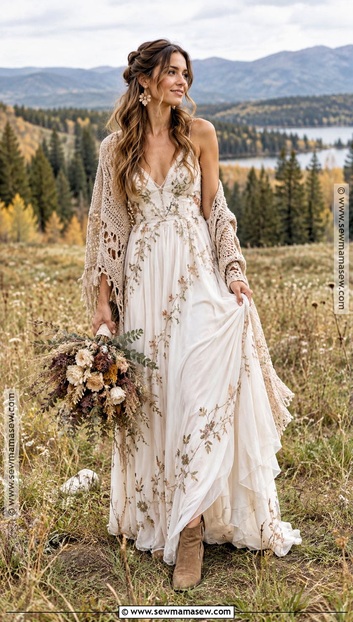 Boho Wedding Dress With Crochet Shawl - 15 Fall Wedding Dress Coverup Ideas