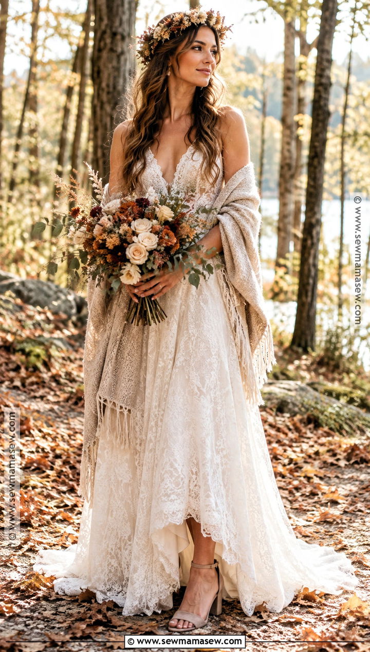 Boho Wedding Dress With Floral Hair Crown - 15 Autumn Wedding Accessory Inspiration Ideas
