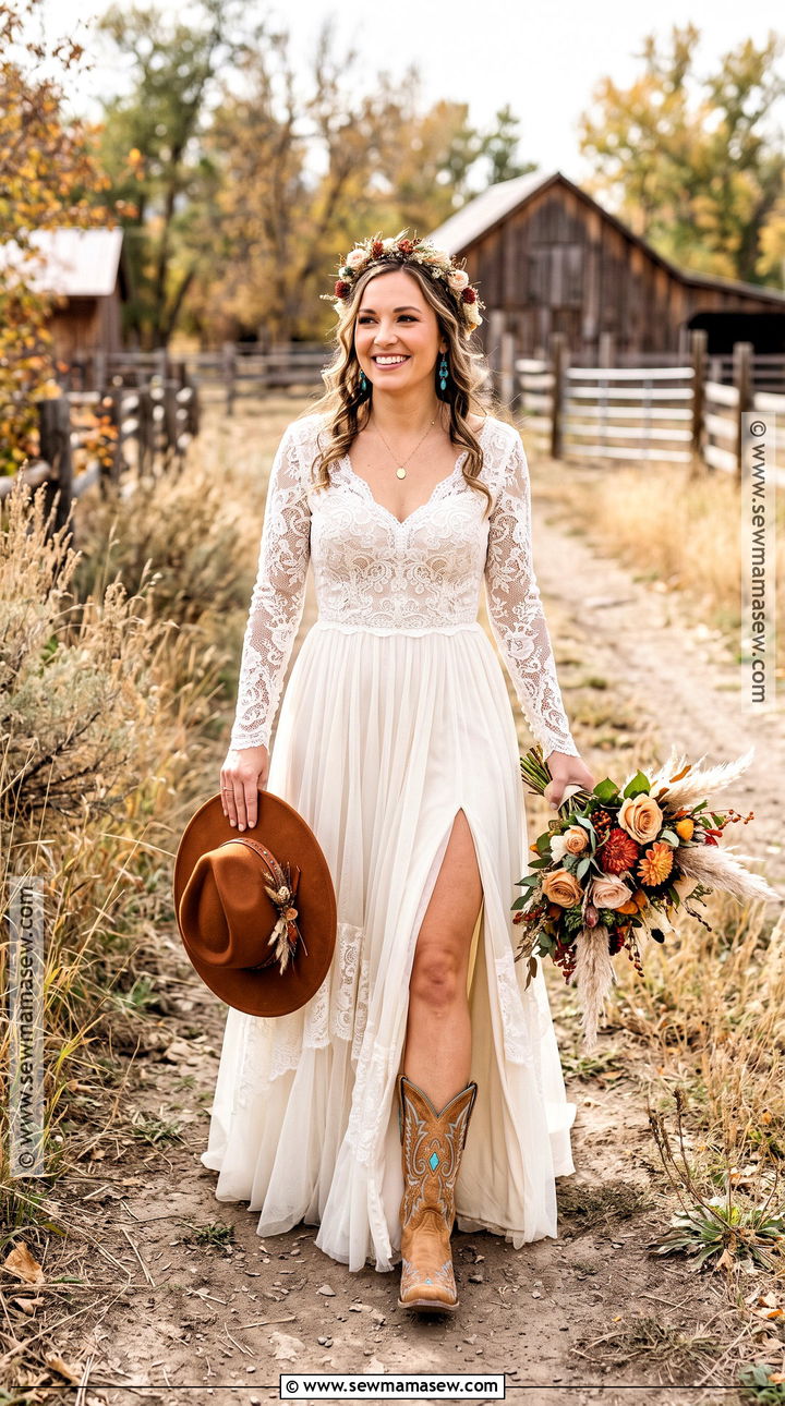 Boho Wedding Dress With Western Boots - 15 fall boho wedding dress ideas