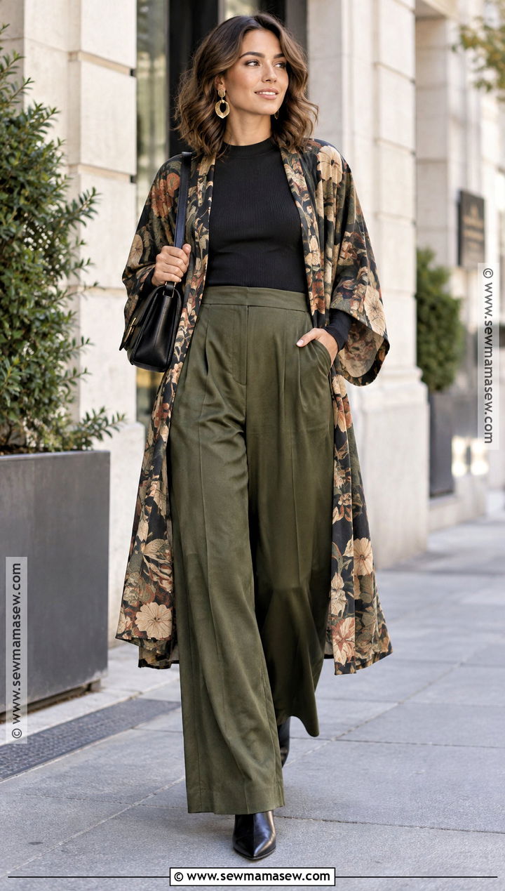 Boho Wide Leg Pants With Printed Kimono - 20 boho chic fall outfits