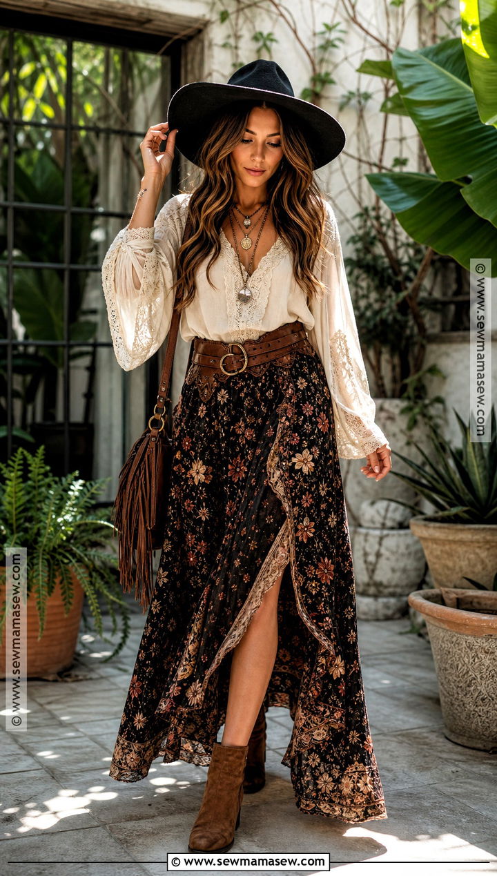 Boho Witch Outfit With Lace Blouse - 35 witches outfit ideas