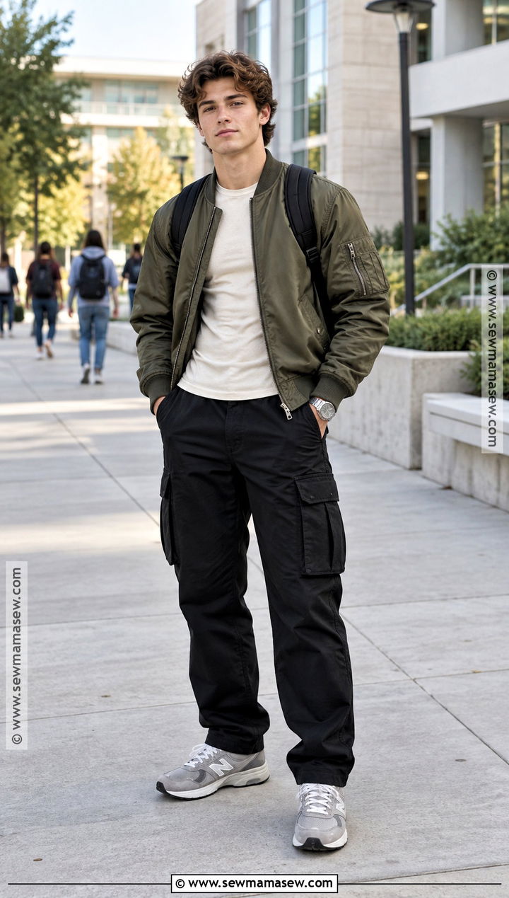Bomber Jacket And Black Cargo Pants Back To School Outfit - 15 mens back to school outfit ideas