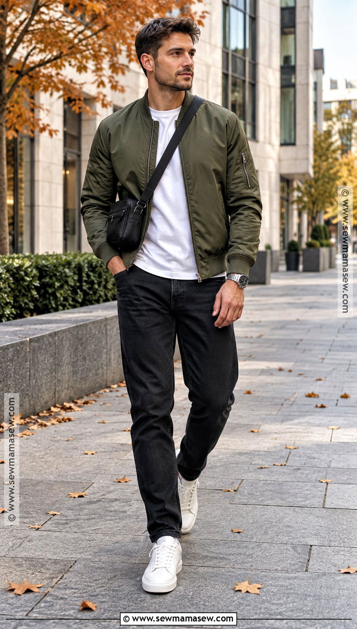 Bomber Jacket And Black Jeans Fall Outfit - 20 men casual fall outfits