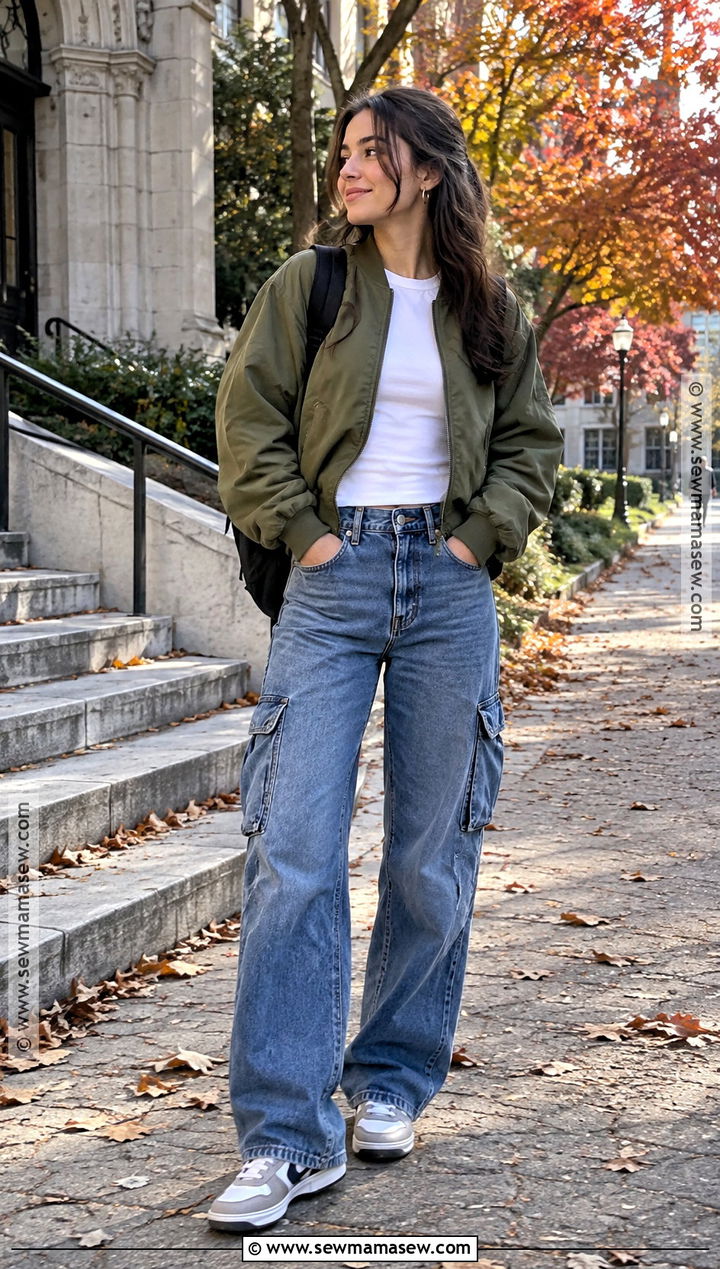 Bomber Jacket And Cargo Jeans School Outfit - 20 fall outfit school ideas