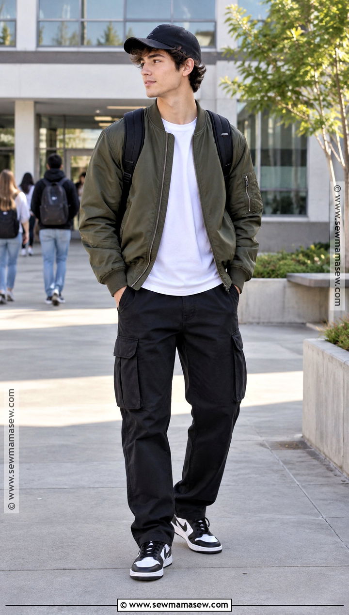 Bomber Jacket And Cargo Pants Back To School Outfit - 15 back to school men outfits