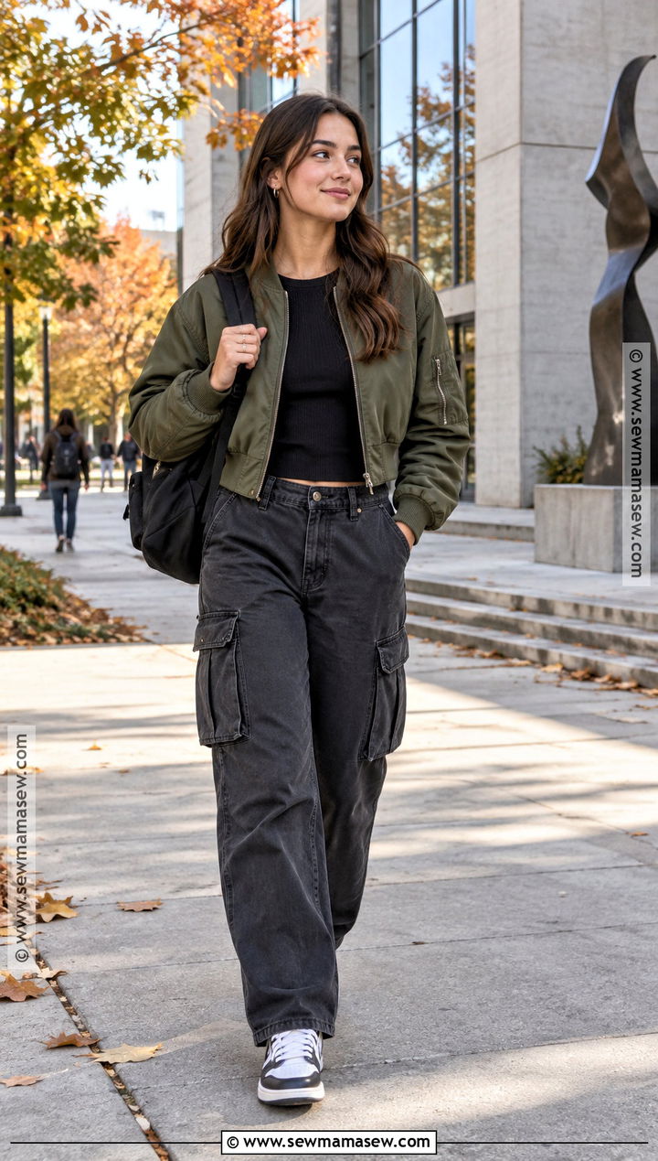 Bomber Jacket And Cargo Pants Fall College Outfit - 15 college outfits for class fall