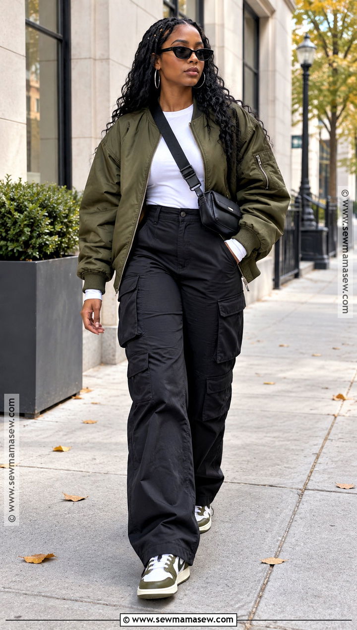 Bomber Jacket And Cargo Pants Fall Outfit - 25 fall outfits women black for women