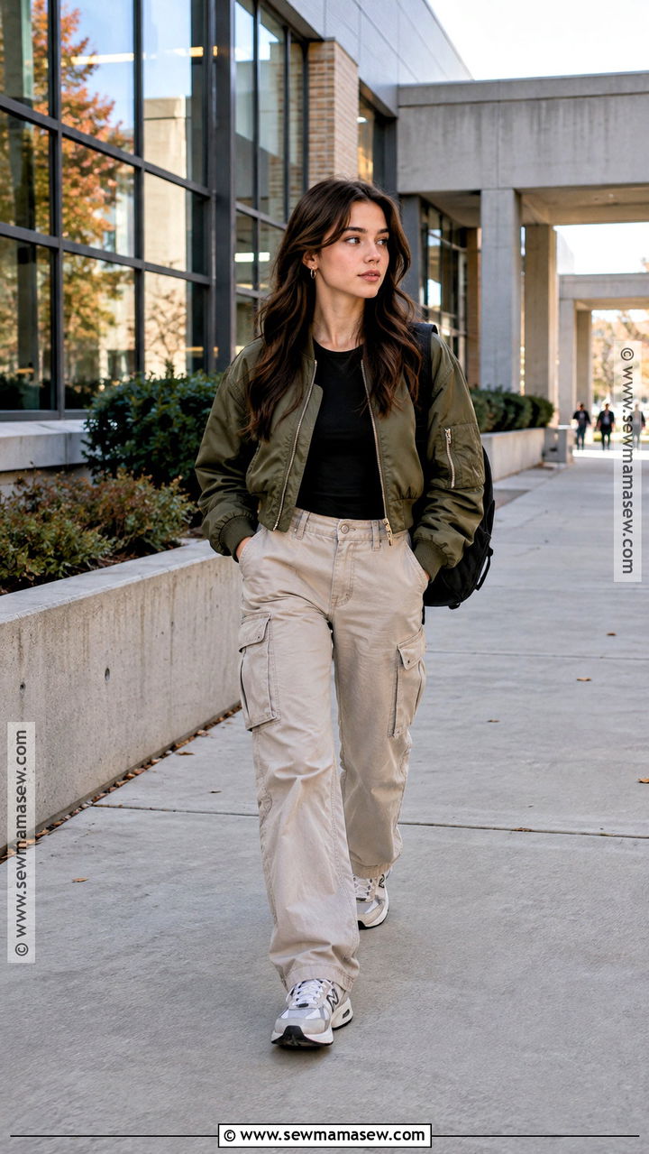 Bomber Jacket And Cargo Pants Fall School Outfit - 20 fall outfits women school