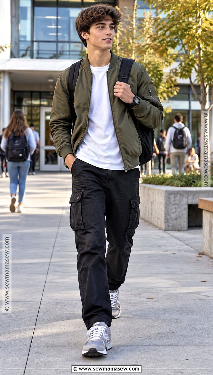 Bomber Jacket And Cargo Pants Outfit For High School Boys - 20 Back To School Outfits Boys High School